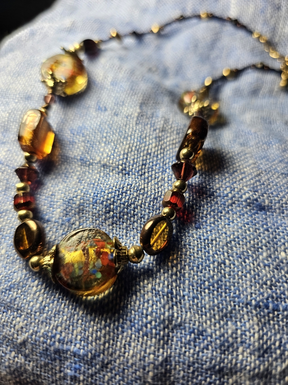 Handcrafted Amber & Multi Color Art Glass Bead Necklace Hand Made